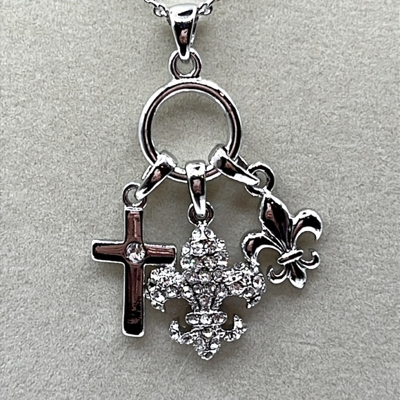 Silver Charm Necklace with Cross and Fleur-de-lis with Rhinestones Necklace - Picture 1 of 14